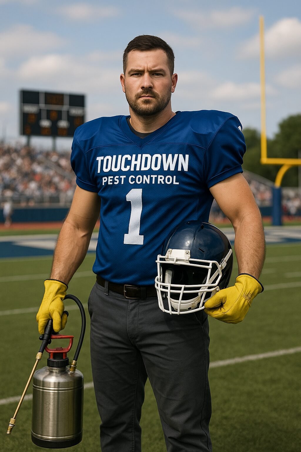 Man in football jersey labeled "TOUCHDOWN PEST CONTROL" holding a pest control sprayer and helmet, standing on a football field, representing TouchDown Pest Control's unique branding in pest management services.