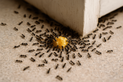 Ant control Los Angeles — dozens of small black ants trailing around food crumbs on a kitchen counter, showing a hidden infestation in a home.