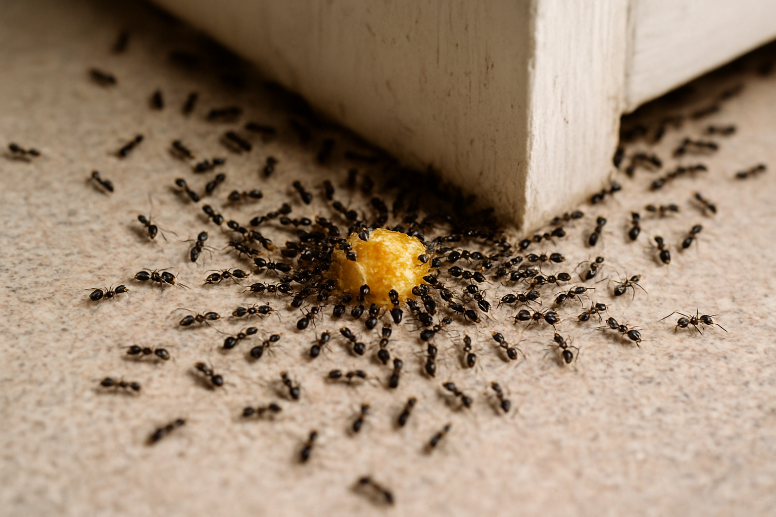 Ant control Los Angeles — dozens of small black ants trailing around food crumbs on a kitchen counter, showing a hidden infestation in a home.