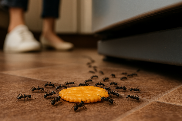 Ant control Los Angeles – close-up view from under a refrigerator showing ants swarming a cheese cracker and trailing back to their hidden nest.