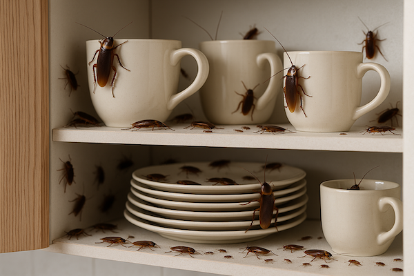 cockroach infestation inside a kitchen cabinet, with cockroaches of various sizes crawling on plates and cups, showing a severe roach problem