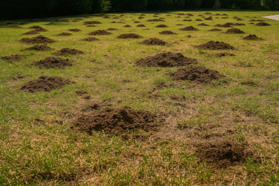 Numerous gopher mounds on grass