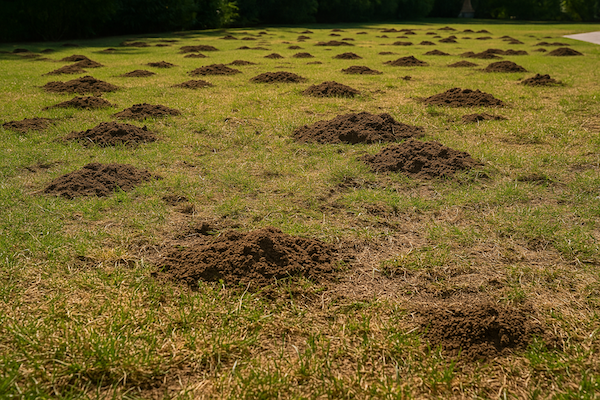 Numerous gopher mounds on grass