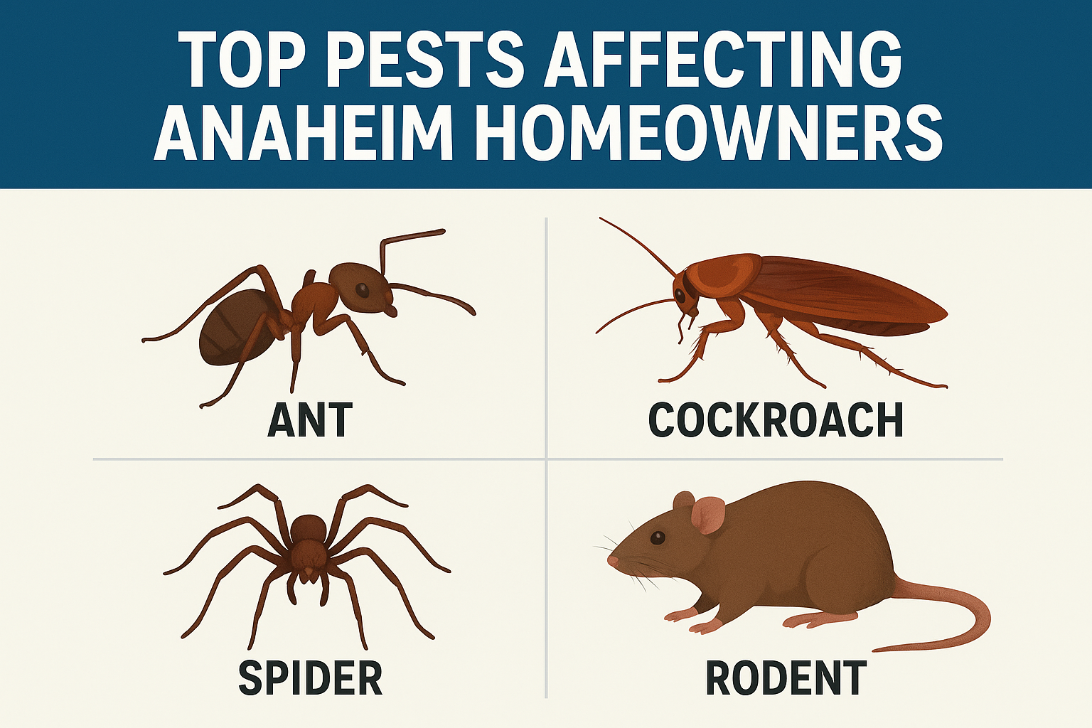 Top pests affecting Anaheim homeowners: ant, cockroach, spider, and rodent illustrations.