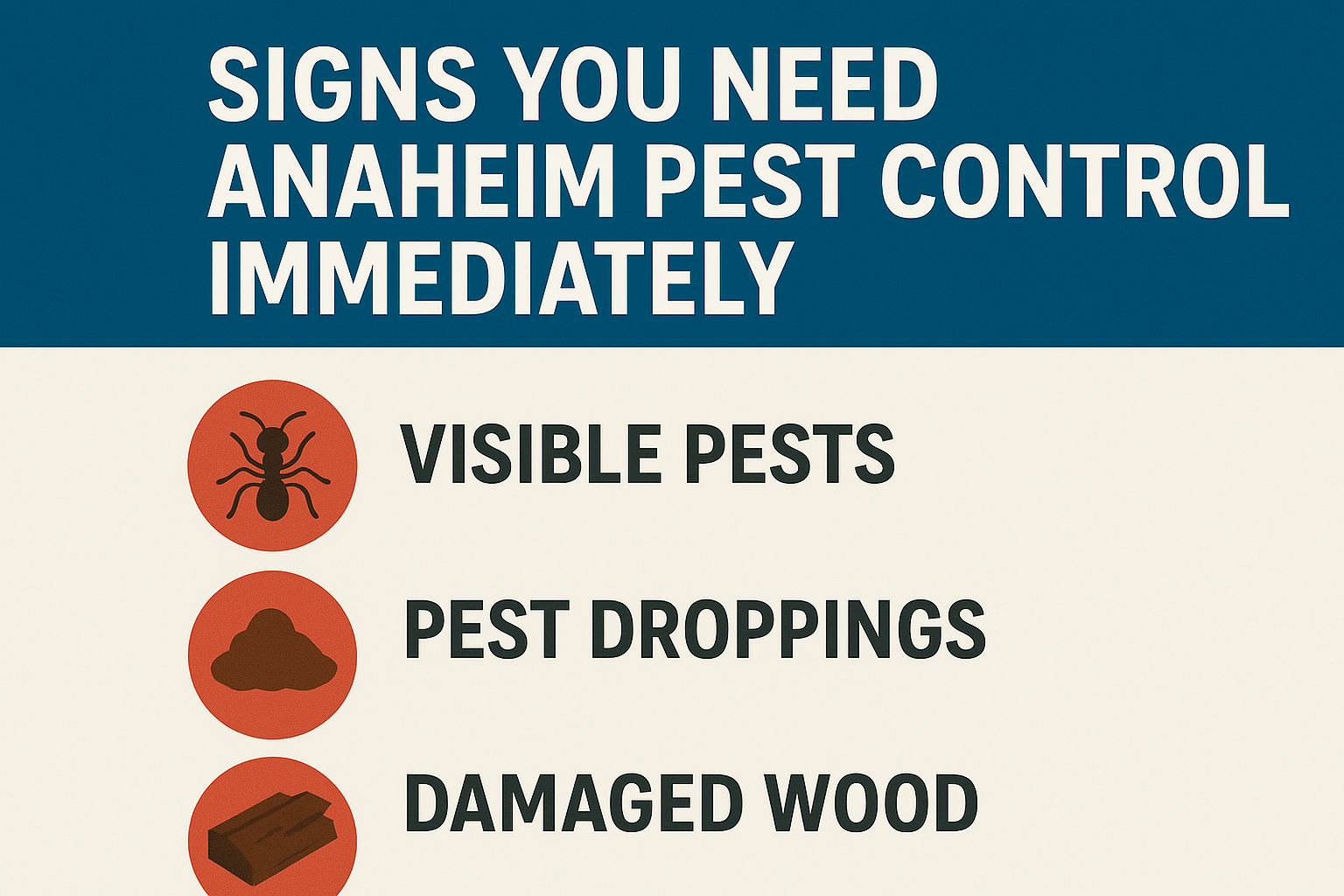 Signs you need Anaheim pest control immediately, featuring icons for visible pests, pest droppings, and damaged wood.