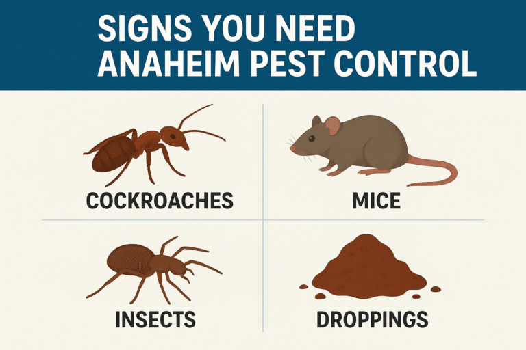 Signs you need Anaheim pest control featuring illustrations of cockroaches, mice, insects, and droppings.