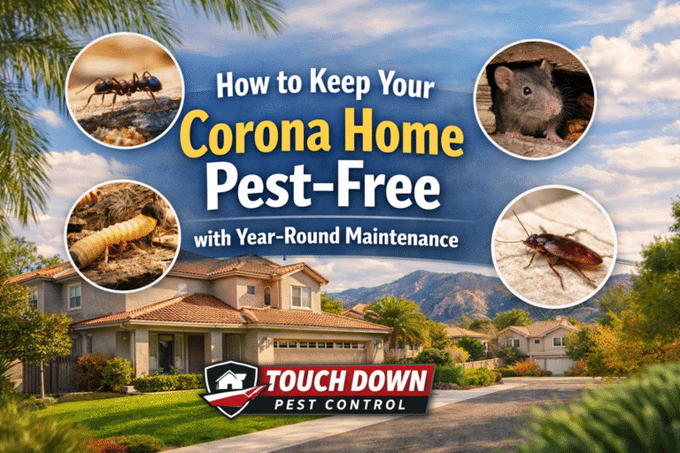 How to keep your Corona home pest-free with year-round maintenance, featuring pests like ants, rodents, and cockroaches, Touch Down Pest Control logo, residential setting in Southern California.