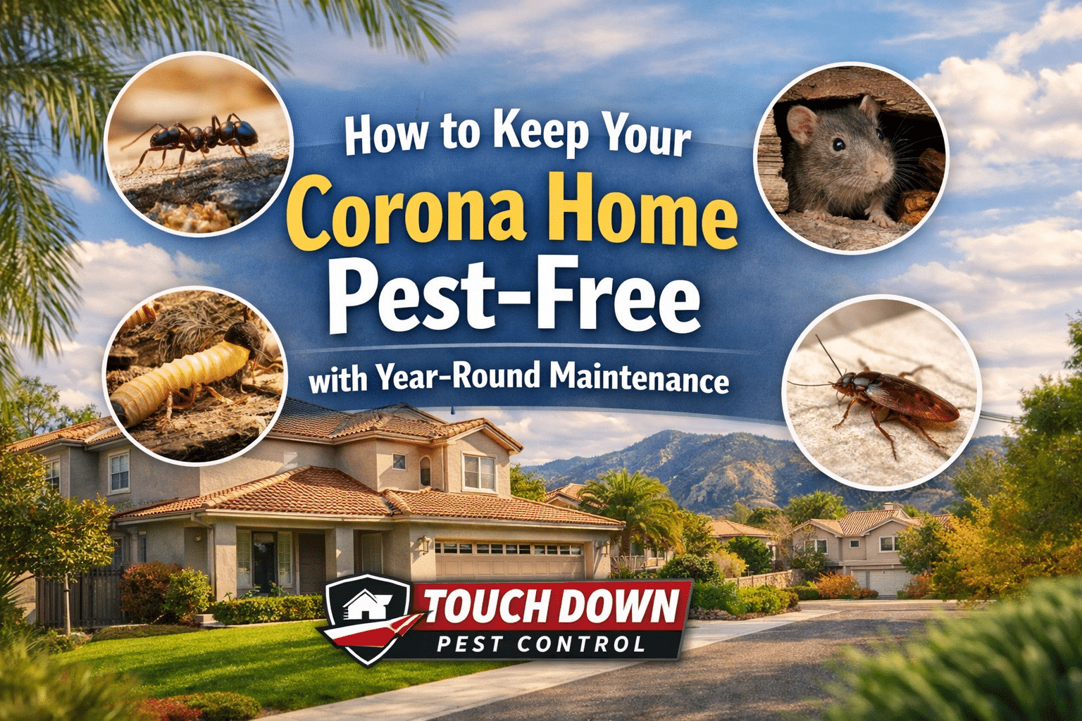How to keep your Corona home pest-free with year-round maintenance, featuring pests like ants, rodents, and cockroaches, Touch Down Pest Control logo, residential setting in Southern California.