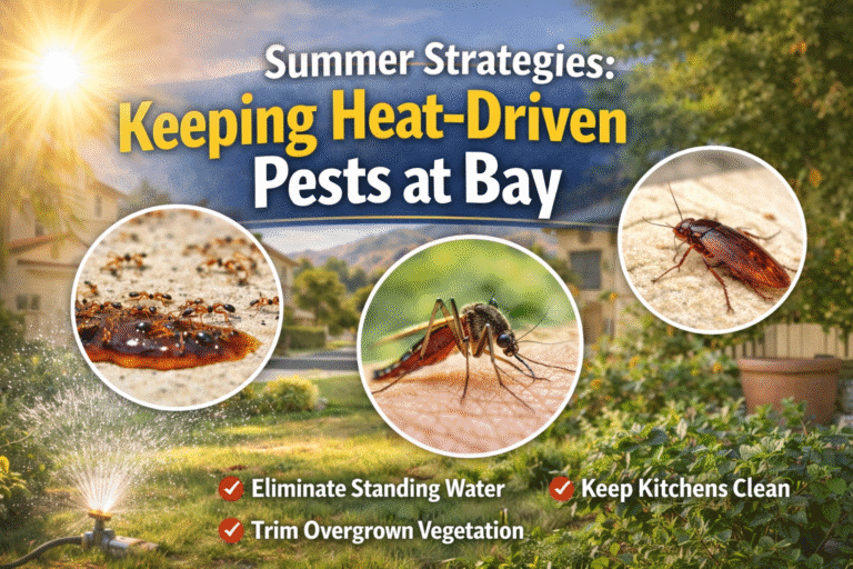 Image illustrating summer pest prevention strategies with text "Summer Strategies: Keeping Heat-Driven Pests at Bay," featuring images of ants, mosquitoes, and a cockroach, alongside tips to eliminate standing water, keep kitchens clean, and trim overgrown vegetation.