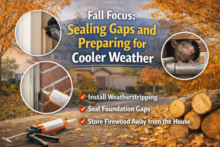 Fall pest prevention tips with images of sealing gaps, weatherstripping, and a mouse, emphasizing home protection against pests during cooler weather.