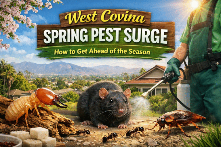 West Covina Spring Pest Surge graphic featuring a rat, cockroach, and termite, with a pest control technician spraying pesticide in a residential setting.