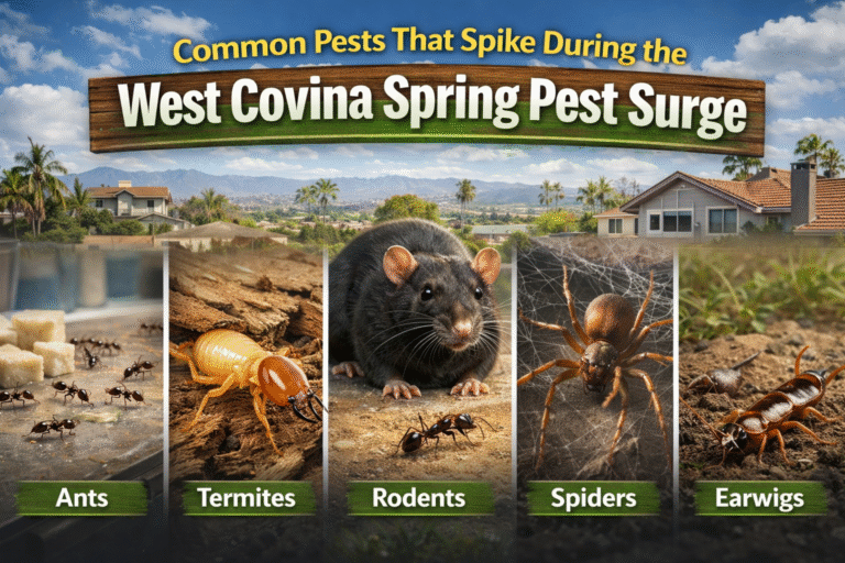 Common pests during West Covina Spring Pest Surge: ants, termites, rodents, spiders, and earwigs, with a suburban background.