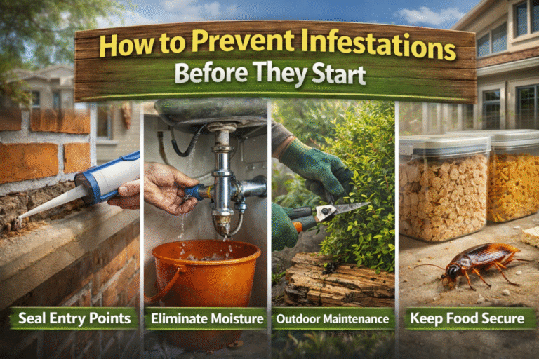 How to prevent pest infestations: sealing entry points, eliminating moisture, outdoor maintenance, and securing food.