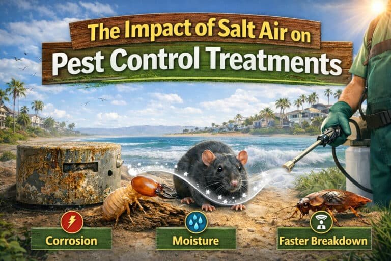 Impact of salt air on pest control treatments, featuring a rat, cockroach, and termite on coastal landscape with text highlighting corrosion, moisture, and faster breakdown of pest control effectiveness.