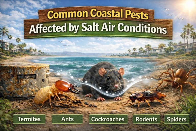 Common coastal pests affected by salt air conditions, featuring a rat, termites, ants, cockroaches, and spiders on a beach landscape with coastal homes.