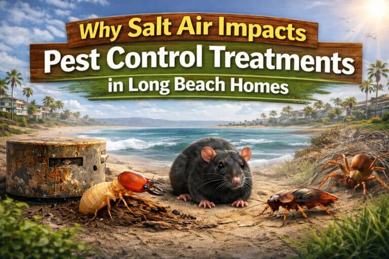 Why Salt Air Impacts Pest Control Treatments in Long Beach Homes, featuring a coastal landscape with a rat, cockroach, termite, and a crab, emphasizing pest challenges in coastal environments.