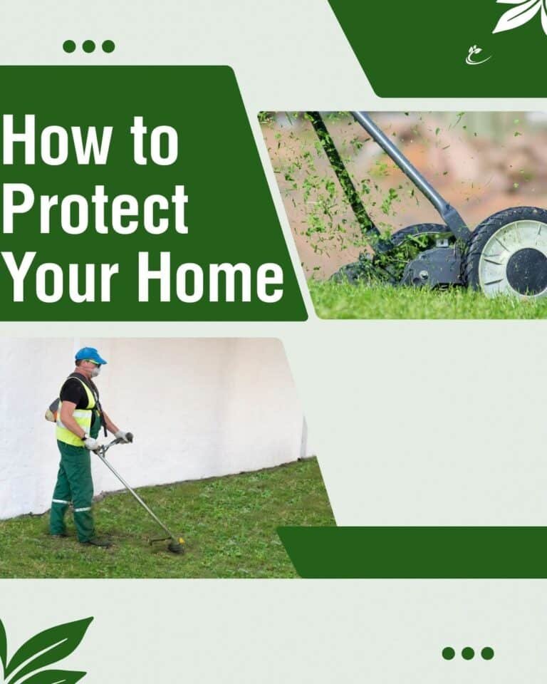 Man using a string trimmer for lawn care, promoting home protection against pests and property damage.