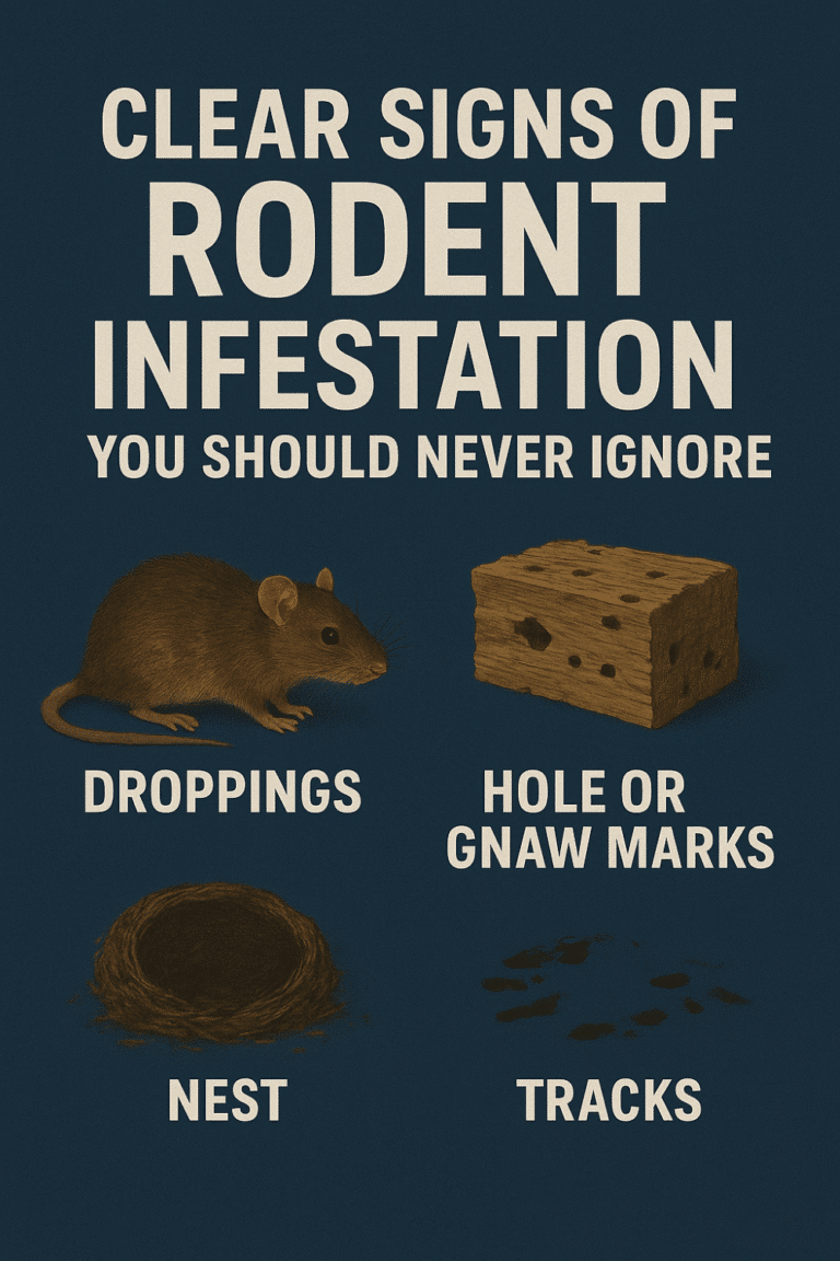 Clear signs of rodent infestation including a mouse, droppings, gnaw marks on wood, a nest, and tracks, emphasizing the importance of identifying signs for effective pest control.