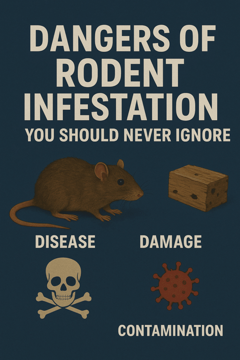 Dangers of rodent infestation illustration featuring a mouse, with keywords "disease," "damage," and "contamination" highlighted.