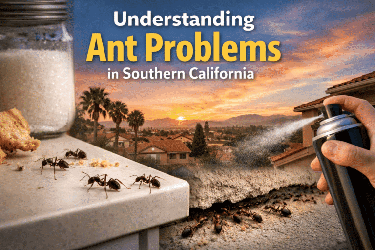 Understanding ant problems in Southern California, with ants on a kitchen counter and a person spraying pest control solution against a sunset backdrop.