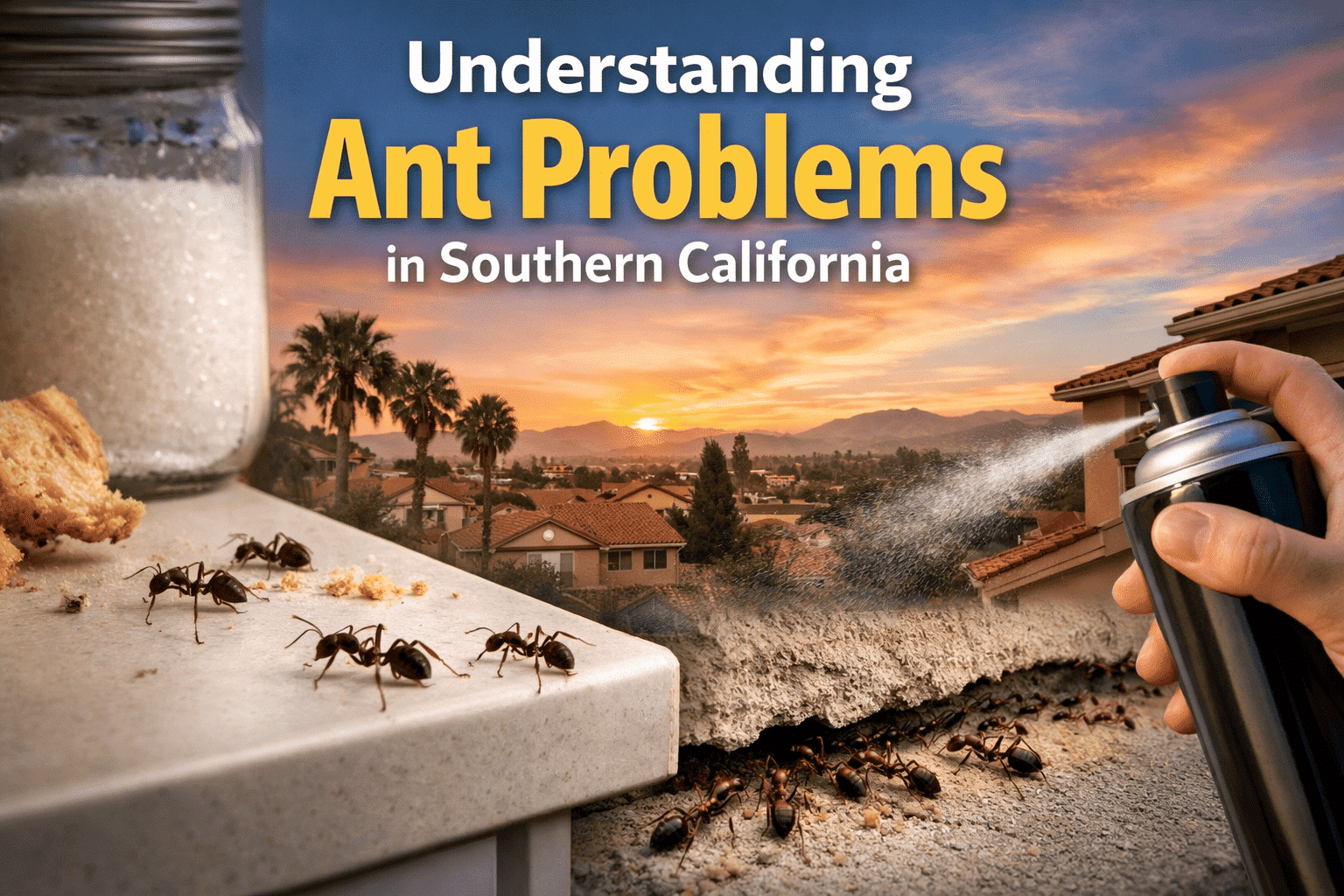 Understanding ant problems in Southern California, with ants on a kitchen counter and a person spraying pest control solution against a sunset backdrop.