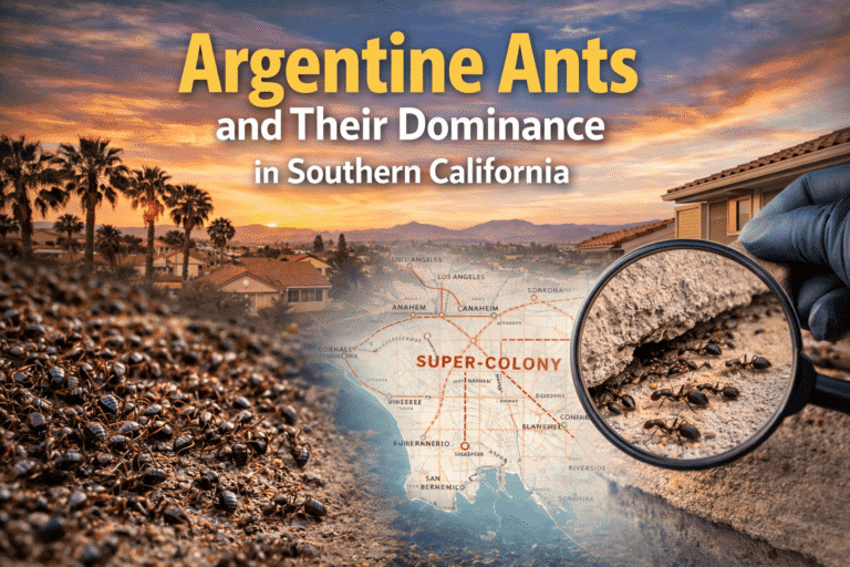 Argentine ants invading Southern California, illustrating dominance and super-colony behavior, with a magnifying glass highlighting ant activity near homes and a map indicating affected areas.