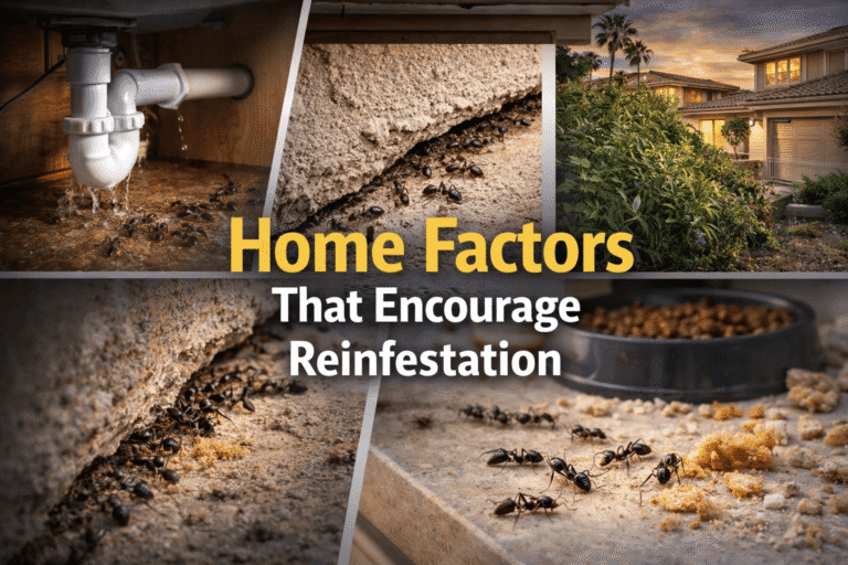 Home factors encouraging ant reinfestation, featuring images of plumbing leaks, cracks, and food sources, with text overlay emphasizing environmental vulnerabilities in Southern California homes.