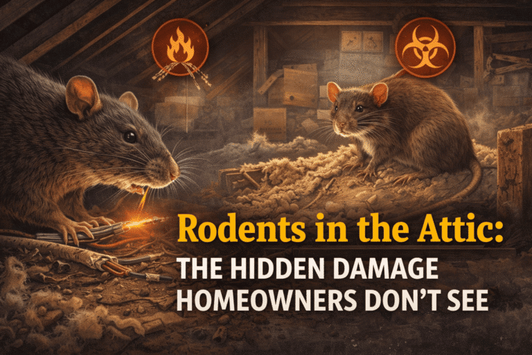 Rodents in the attic causing hidden damage, featuring two rats near chewed wiring, with warning symbols for fire hazards and health risks, emphasizing the dangers of rodent infestations in homes.