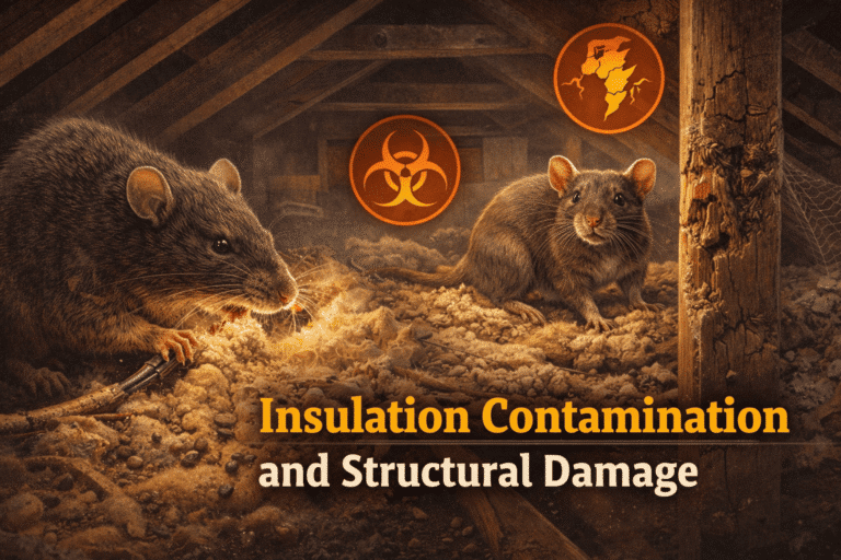 Rodents in attic causing insulation contamination and structural damage, highlighted by biohazard symbols, emphasizing risks associated with rodent infestations.