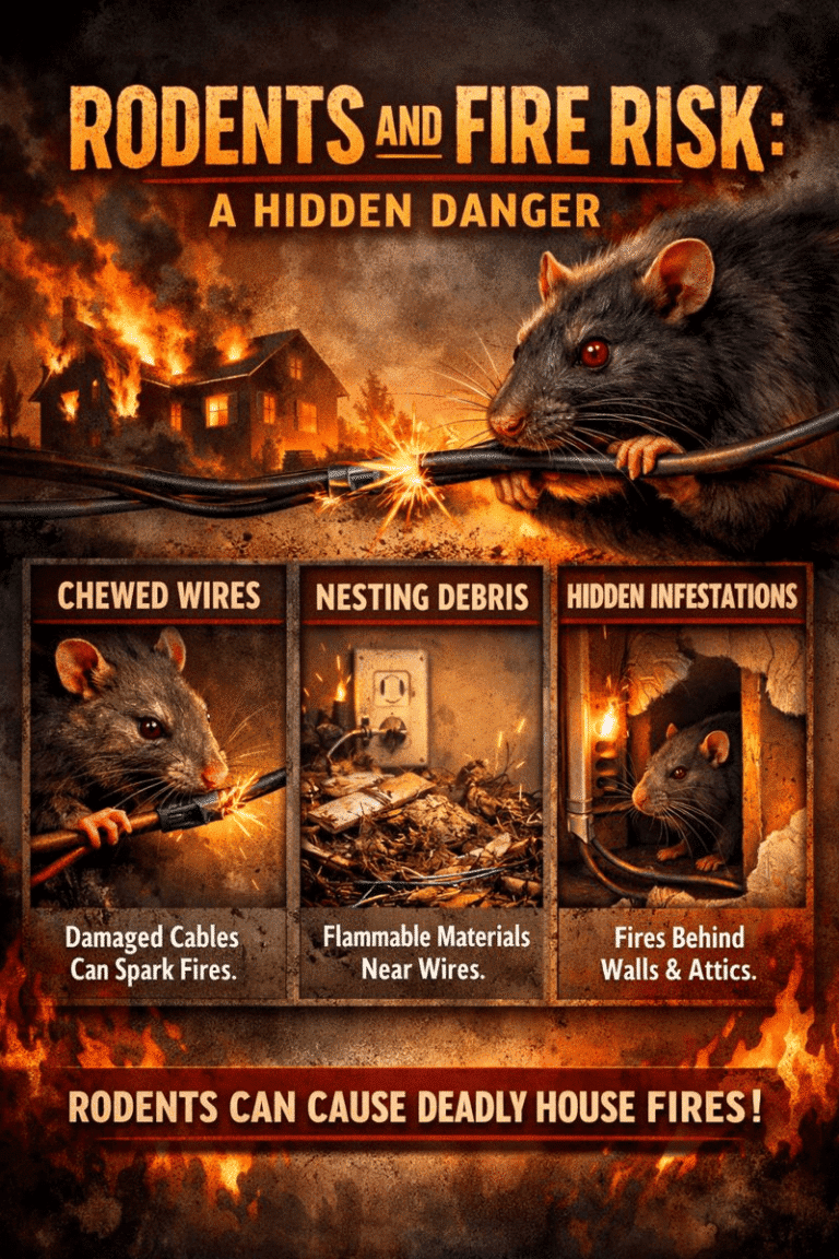 Rodent fire risk infographic highlighting chewed wires, nesting debris, and hidden infestations, emphasizing dangers of rodent activity in attics and potential fire hazards.