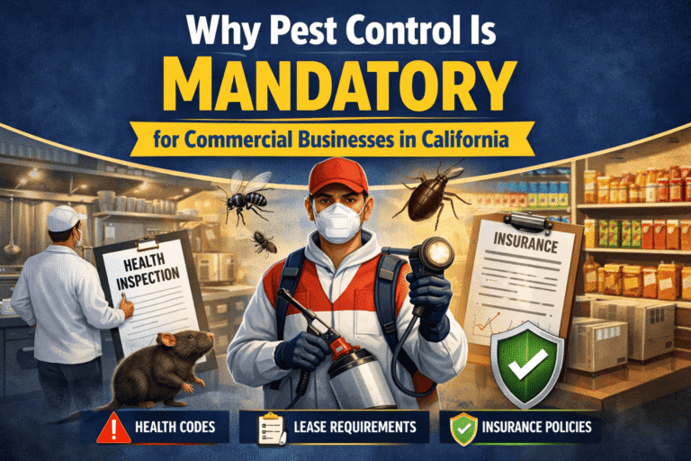 Pest control graphic emphasizing mandatory compliance for California commercial businesses, featuring a pest control technician, health inspection checklist, and icons for health codes, lease requirements, and insurance policies.