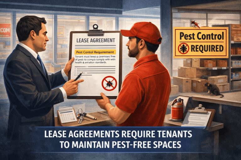 Lease agreement discussion between a businessman and pest control technician, highlighting pest control requirements for maintaining pest-free environments in commercial spaces.