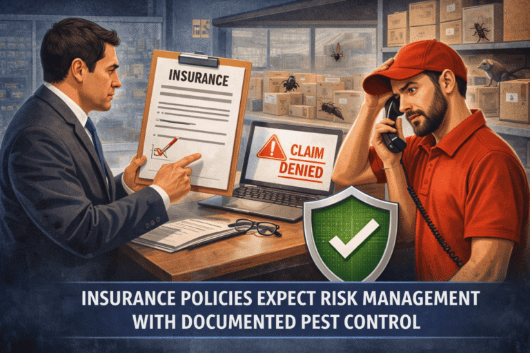 Business professionals discussing insurance policies and pest control, highlighting the importance of documented pest management for risk mitigation, with a denied claim notice and a shield symbolizing compliance.