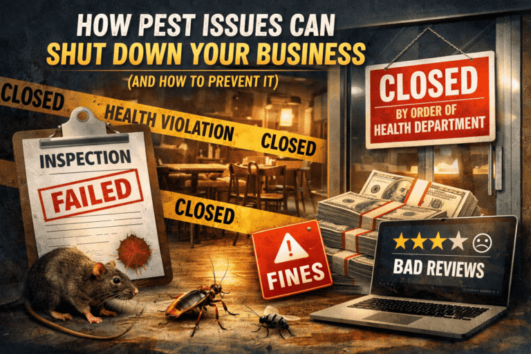 Image depicting the consequences of pest issues on businesses, featuring a rat, cockroach, and visual elements like "CLOSED" signs, "HEALTH VIOLATION," "FINES," and a failed inspection notice, emphasizing the risks of pest infestations and their impact on business operations.