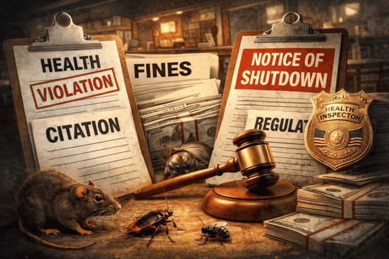 Health violation documents, citation and shutdown notice, fines, health inspector badge, rodent and cockroach, symbolizing pest control consequences for businesses.