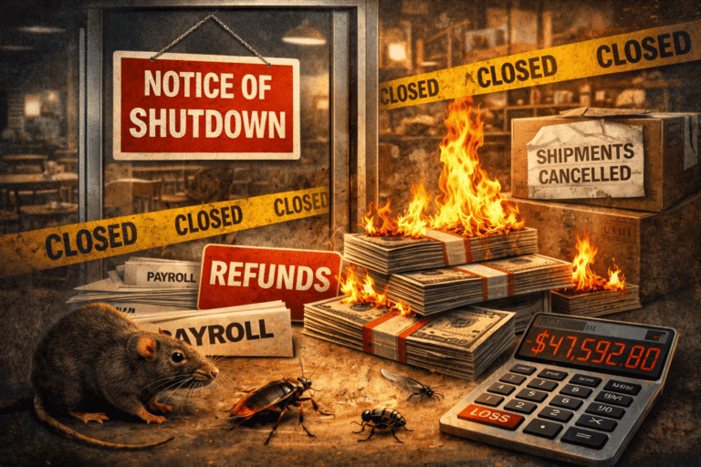 Notice of shutdown with closed signs, burning cash stacks, a calculator displaying loss, and a rat alongside cockroaches, symbolizing the severe financial impact of pest infestations on businesses.