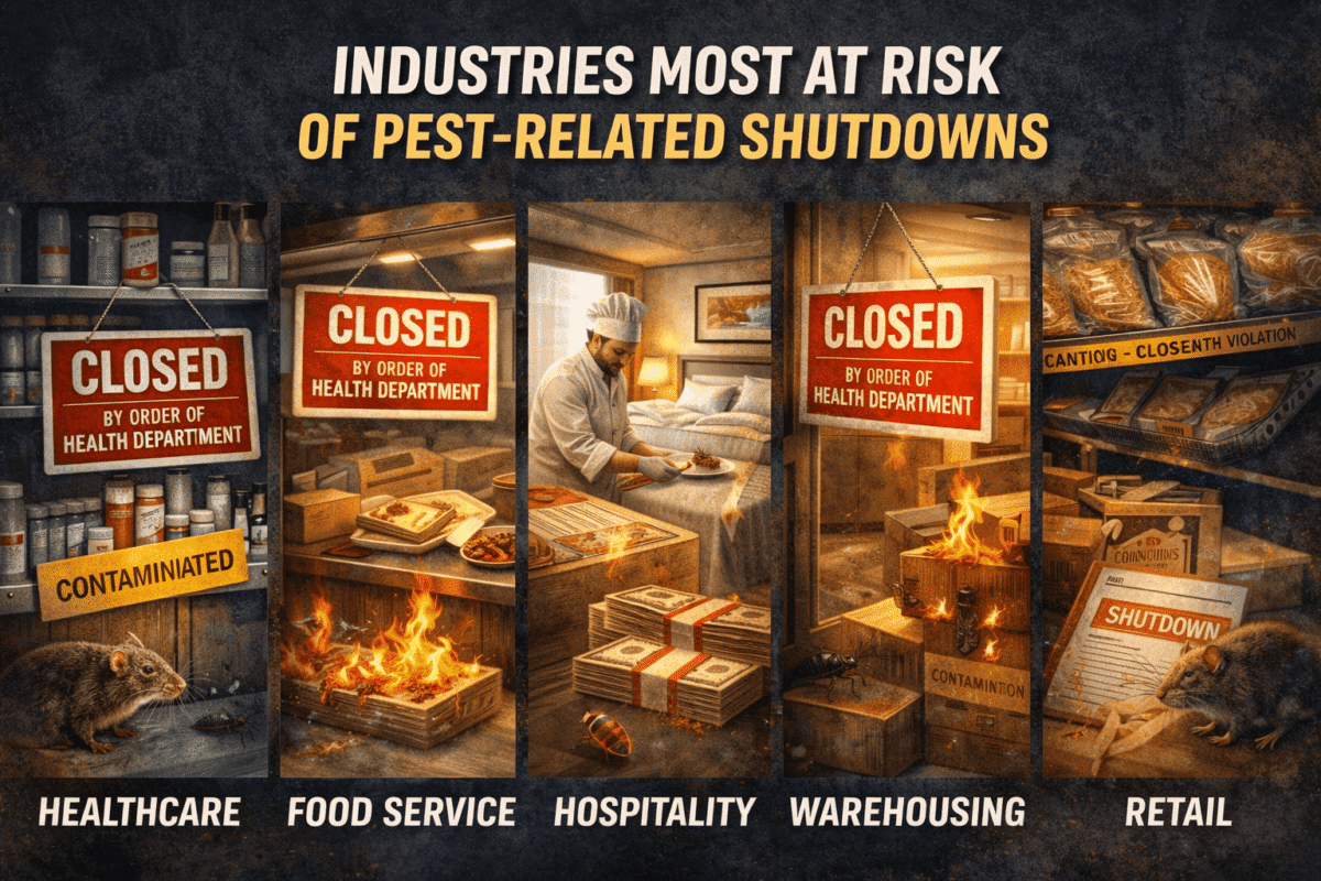 Industries at risk of pest-related shutdowns, featuring signs stating "CLOSED by order of health department," images of contamination, and a rat, highlighting healthcare, food service, hospitality, warehousing, and retail sectors.