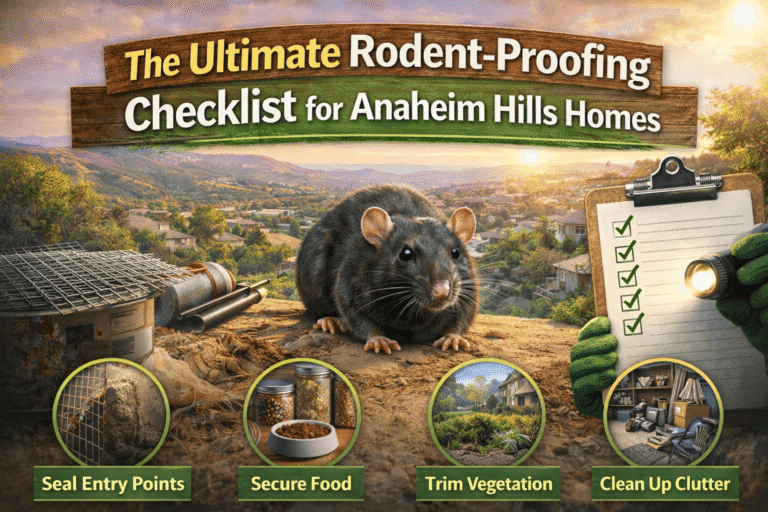 Ultimate Rodent-Proofing Checklist for Anaheim Hills Homes featuring a close-up of a rat, landscape background, and icons for sealing entry points, securing food, trimming vegetation, and cleaning up clutter.
