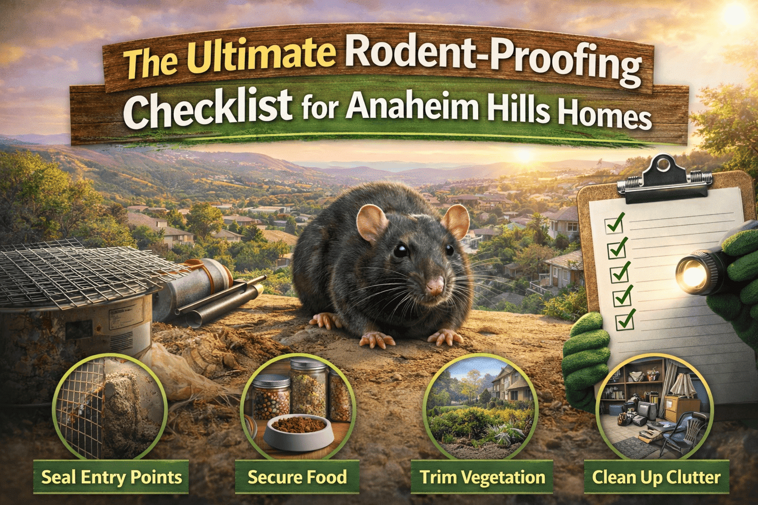 Ultimate Rodent-Proofing Checklist for Anaheim Hills Homes featuring a close-up of a rat, landscape background, and icons for sealing entry points, securing food, trimming vegetation, and cleaning up clutter.
