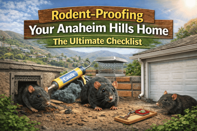 Rodent-proofing checklist for Anaheim Hills homes, featuring rats, caulk, and traps against a scenic backdrop.