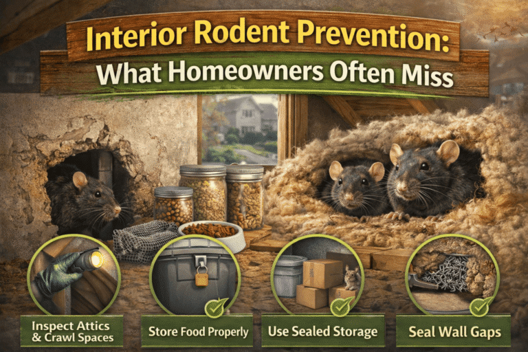 Interior rodent prevention graphic featuring two mice in a nest, storage containers, and icons illustrating inspection, food storage, sealed storage, and wall gap sealing, emphasizing strategies for rodent proofing homes in Anaheim Hills.