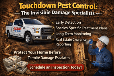 Touchdown Pest Control truck with text highlighting services like early detection, species-specific treatment plans, long-term monitoring, and real estate clearance reporting, emphasizing termite damage prevention and inspection.