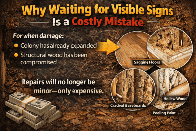 Infographic titled "Why Waiting for Visible Signs Is a Costly Mistake," highlighting termite damage indicators such as sagging floors, cracked baseboards, hollow wood, and peeling paint, with a warning about the financial implications of delayed repairs, set against a textured wood background and accompanied by images of money stacks.