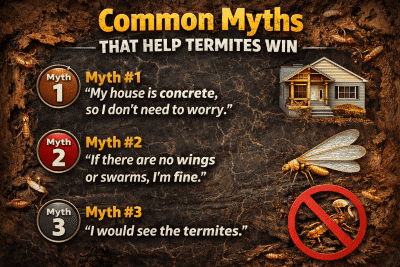 Common myths about termite infestations, highlighting misconceptions such as "My house is concrete, so I don't need to worry," with visuals of a house, termite, and a prohibition sign, emphasizing the need for proactive termite inspections.