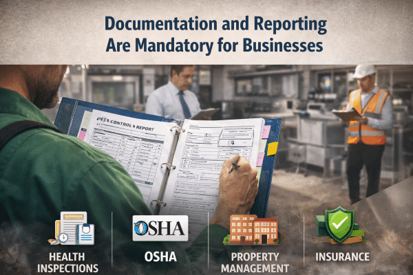 Documentation and reporting for pest control compliance, OSHA, health inspections, property management, and insurance requirements in a commercial setting.