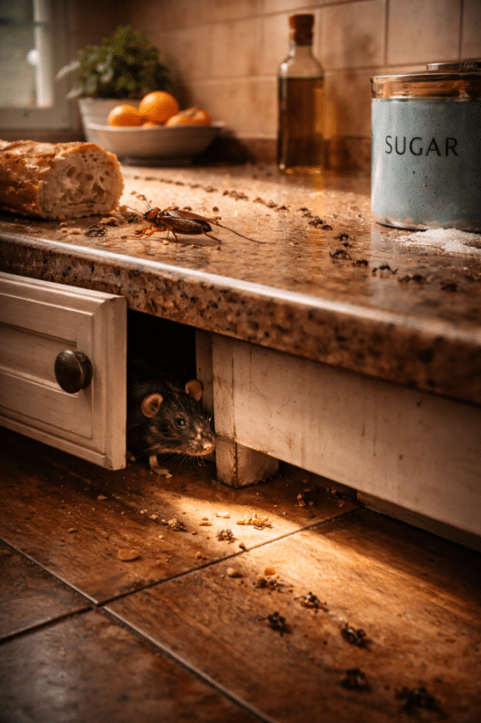 Rat emerging from a kitchen drawer with visible cockroach and crumbs, highlighting signs of pest infestation and potential food sources.