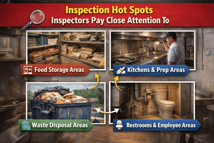 Inspection hot spots for restaurant health inspections, including food storage areas, kitchens and prep areas, waste disposal areas, and restrooms and employee areas, highlighting critical zones inspectors examine for pest activity and compliance.