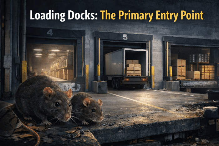 Loading docks with rodents highlighting access points for pest infestations in warehouses and industrial buildings.