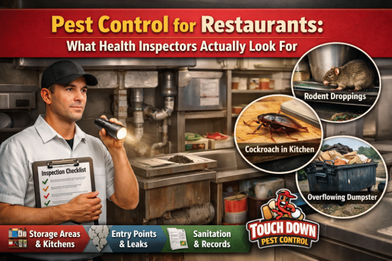 Pest control checklist for restaurants featuring a man with a flashlight in a commercial kitchen, highlighting health inspection concerns like rodent droppings, cockroaches, and an overflowing dumpster, emphasizing the importance of sanitation and compliance.