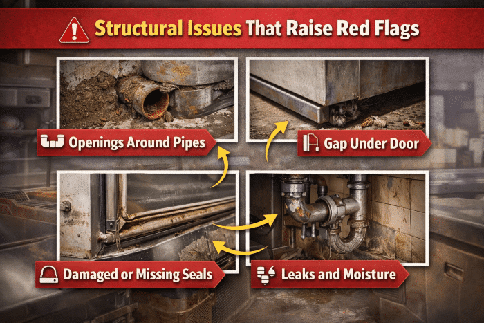 Structural issues in restaurant environments, including openings around pipes, gaps under doors, damaged seals, and leaks, highlighting potential pest entry points and moisture problems.